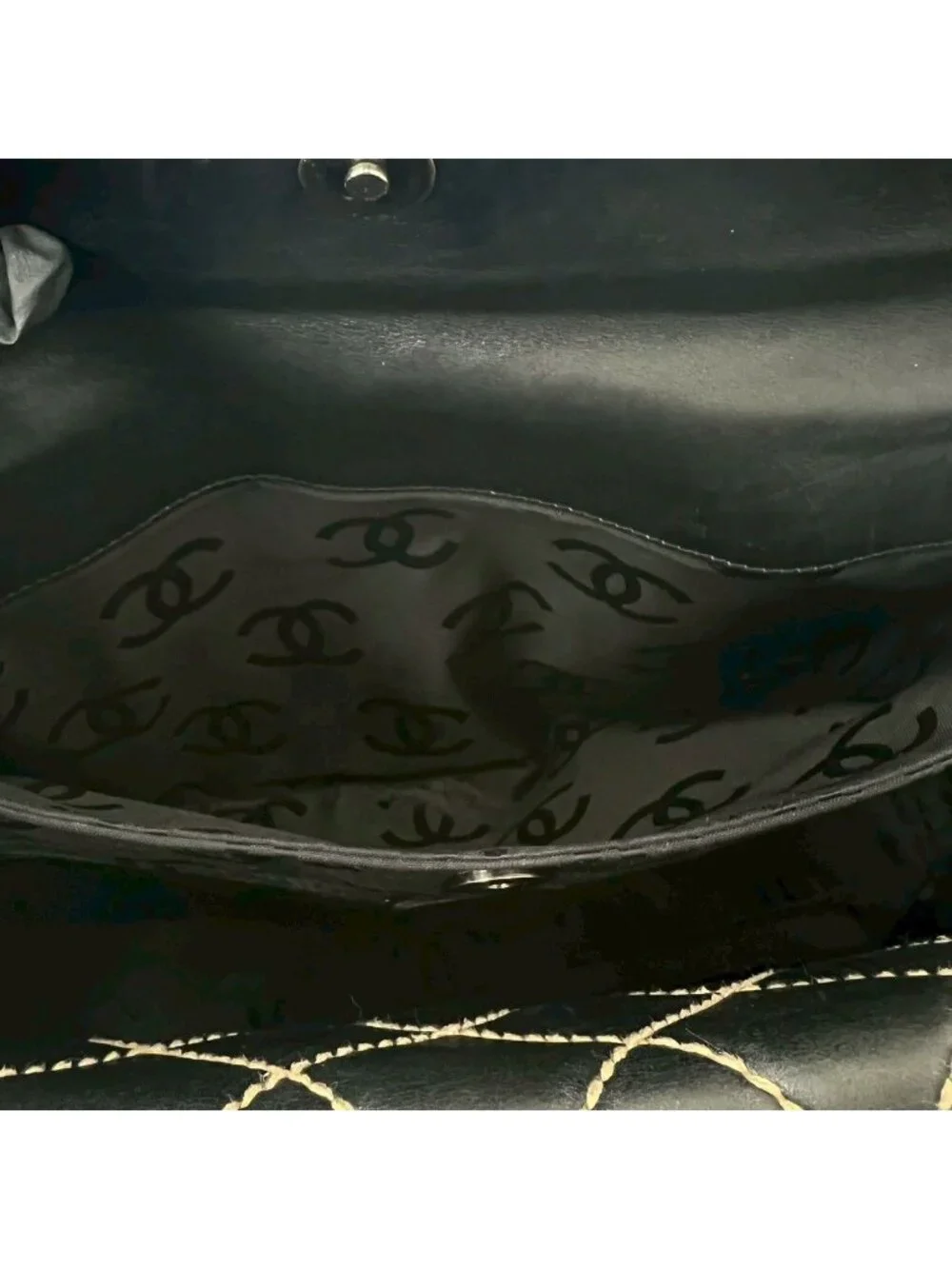 Chanel Quilted CC Logo Wild Stitch Leather Tote Shoulder Bag Black